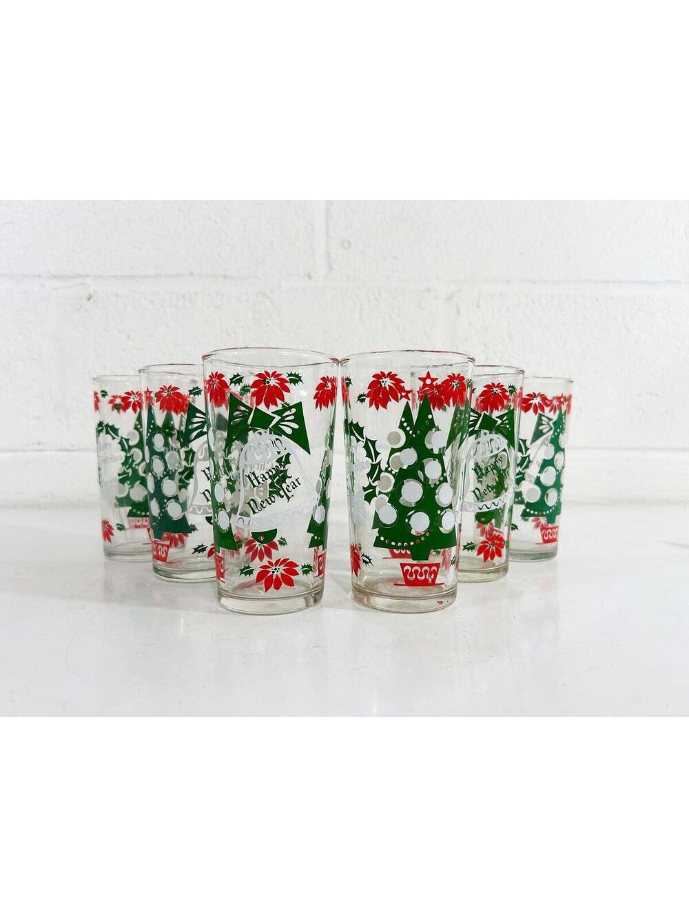 Vintage Christmas Glasses Set of 6 Holiday Barware 1950s New Years Hazel Atlas